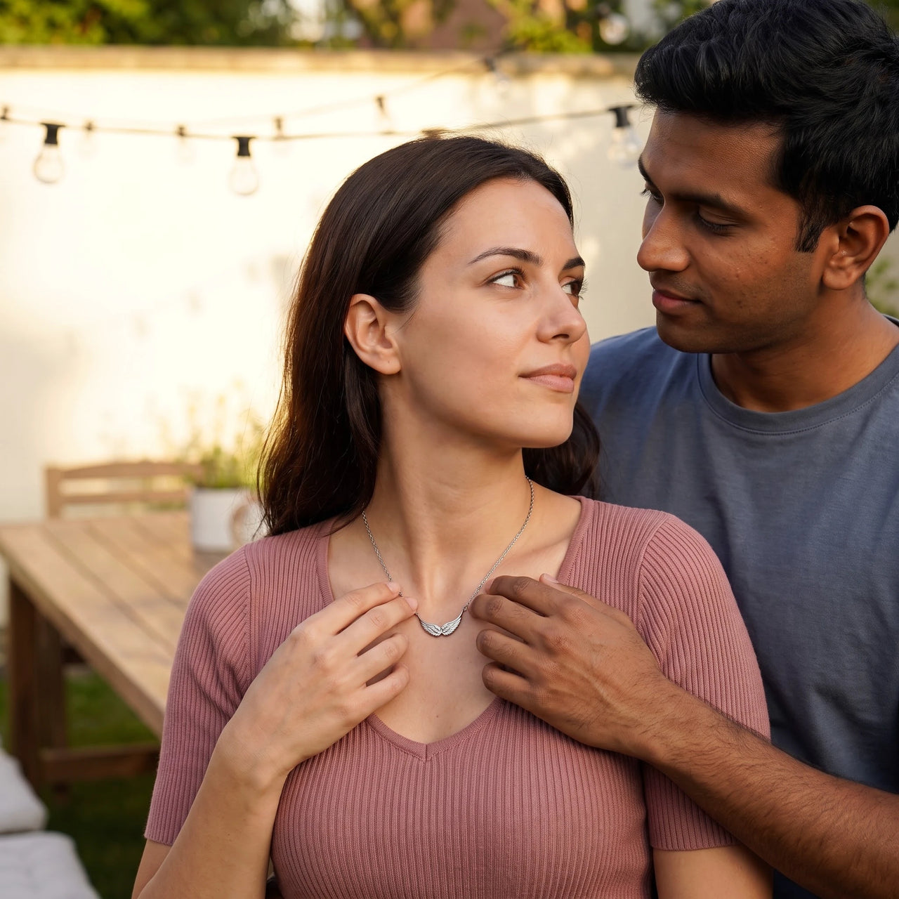 Woman gently touching her silver necklace | SKU: 42001-silver