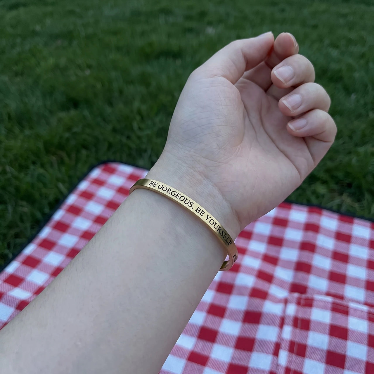 Cuff bracelet — worn, real size, gold | SKU: bgby-g