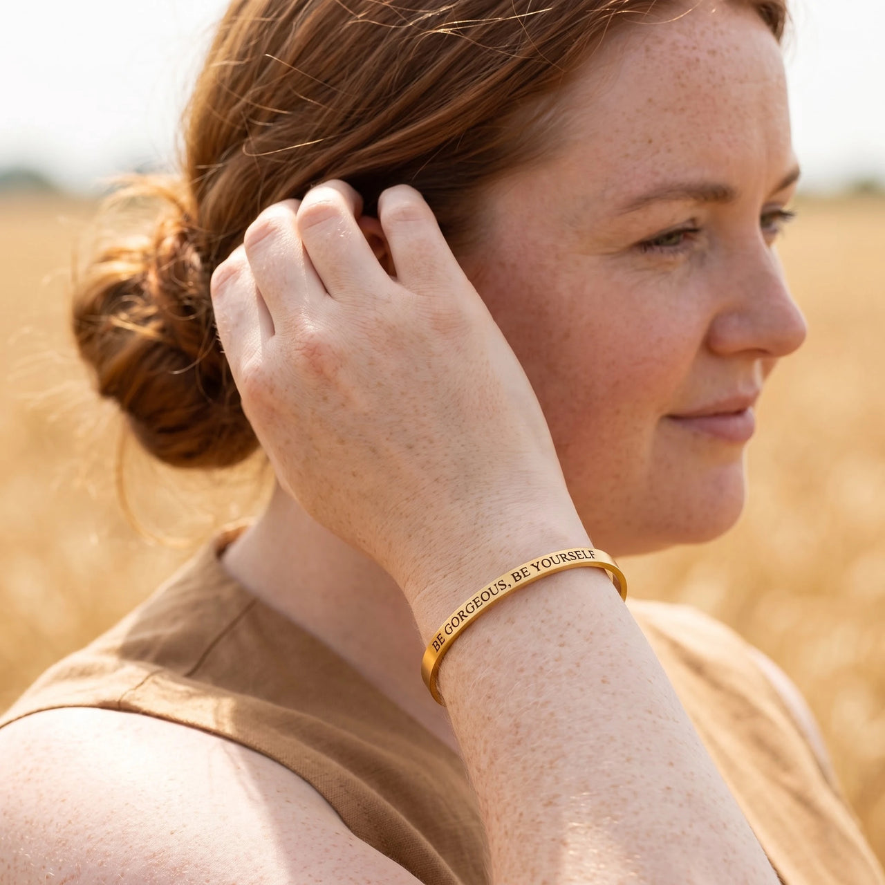 Affirmation bracelet — worn, everyday gesture, gold | SKU: bgby-g