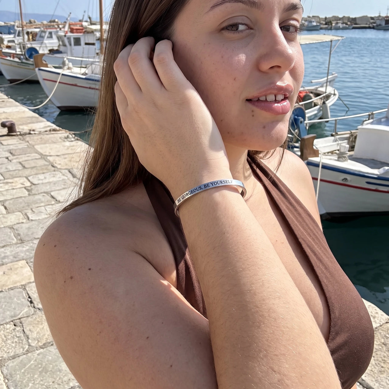 Mantra bracelet — worn, everyday gesture, silver | SKU: bgby-wg