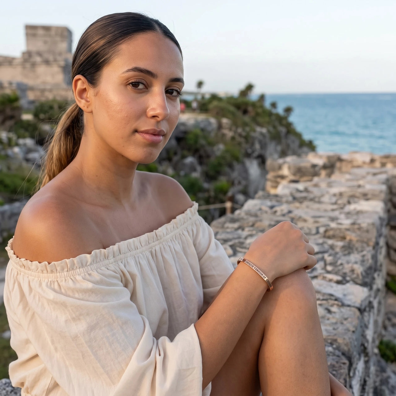 Mantra bracelet — worn on a getaway, rose gold | SKU: btuvoy-rg