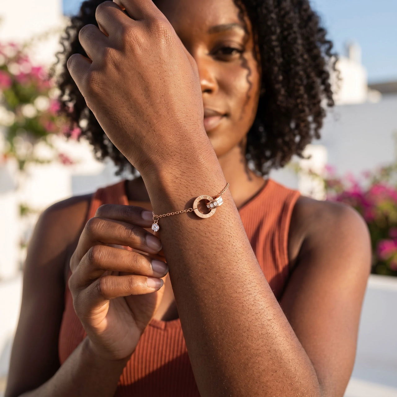 Crystal bracelet — worn, everyday gesture, rose gold | SKU: 25535338-rose-gold