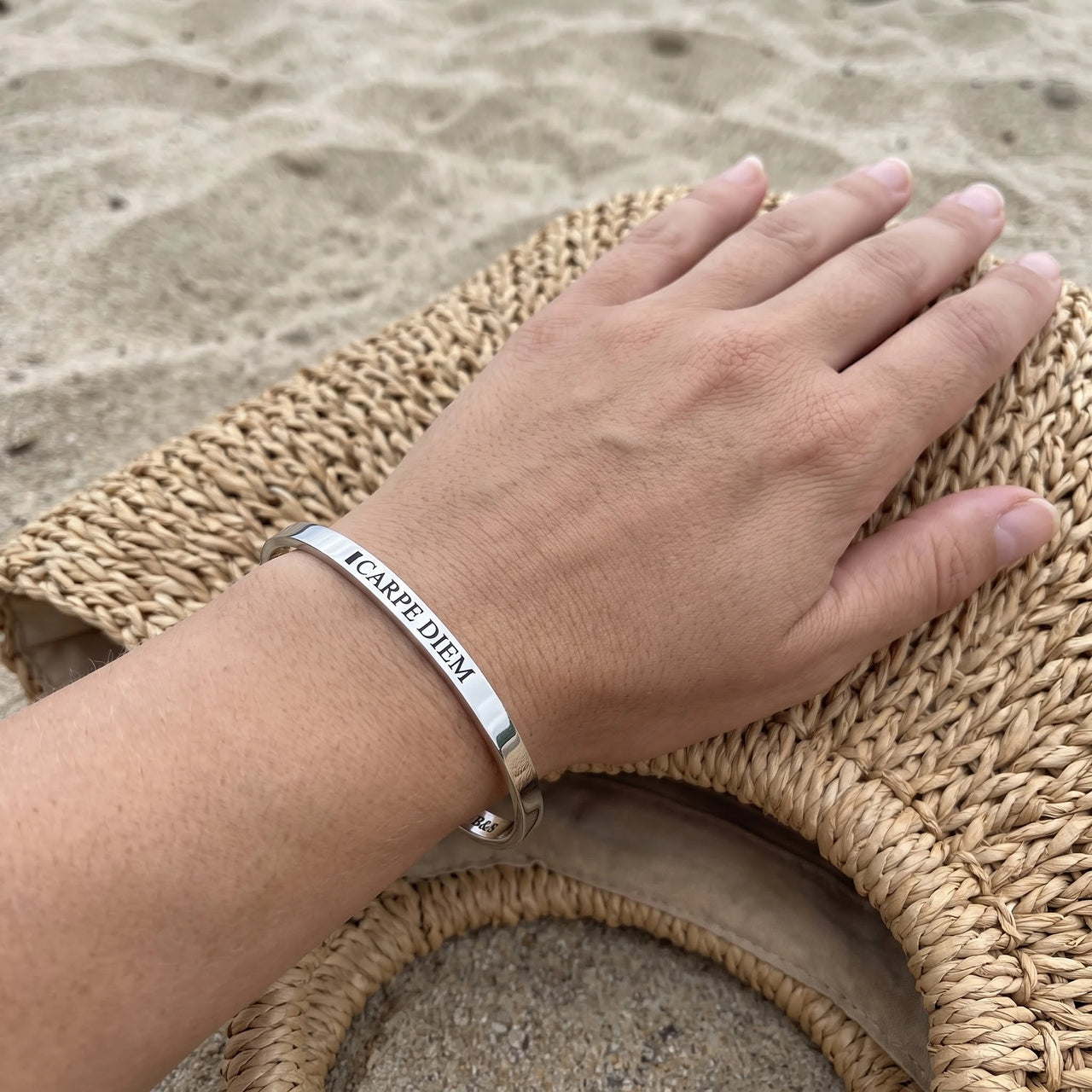 Engraved bracelet — worn, real size, silver | SKU: cp-wg