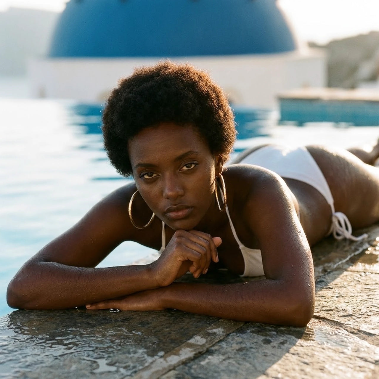 Diamond Cut Statement Hoops in Gold, worn by a pool in Santorini | SKU: 41009-gold