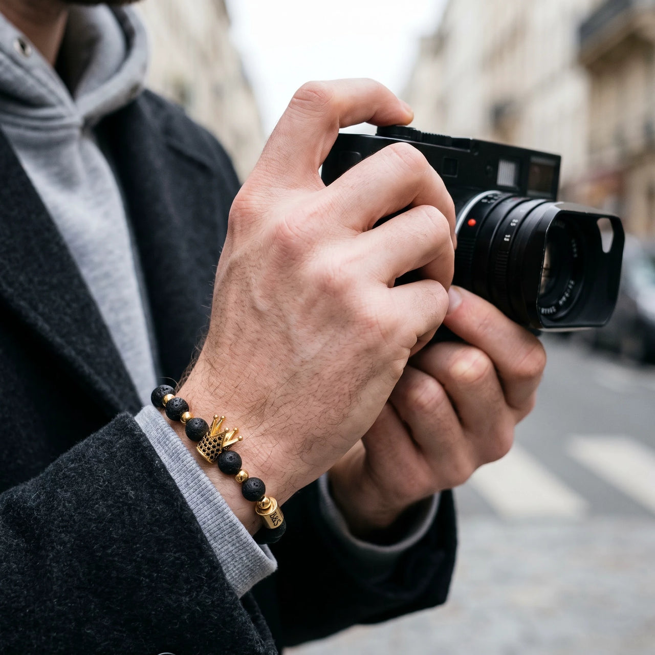 Gold Crown with Lava Stones – holding a film camera | Brother & Sisters | SKU: 22068514-gold-XS-14-15, 22068514-gold-S-16-17, 22068514-gold-M-18-19, 22068514-gold-L-20-21, 22068514-gold-XL-22-23
