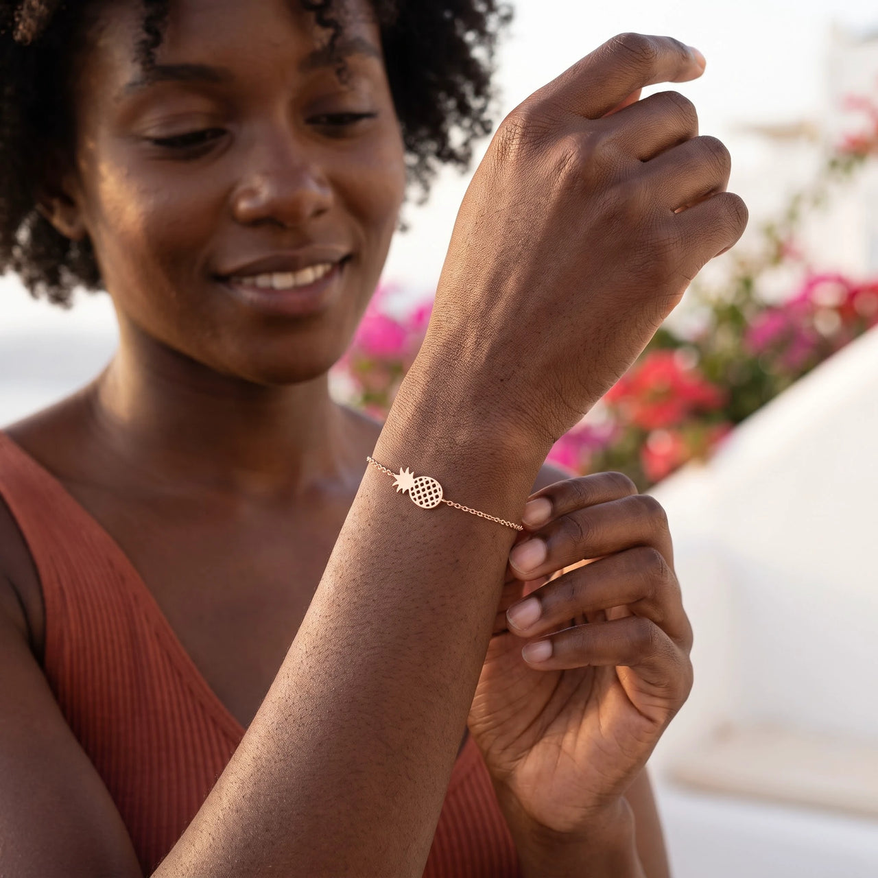 Pineapple bracelet — worn, everyday gesture, rose gold | SKU: 9178613-rose-gold
