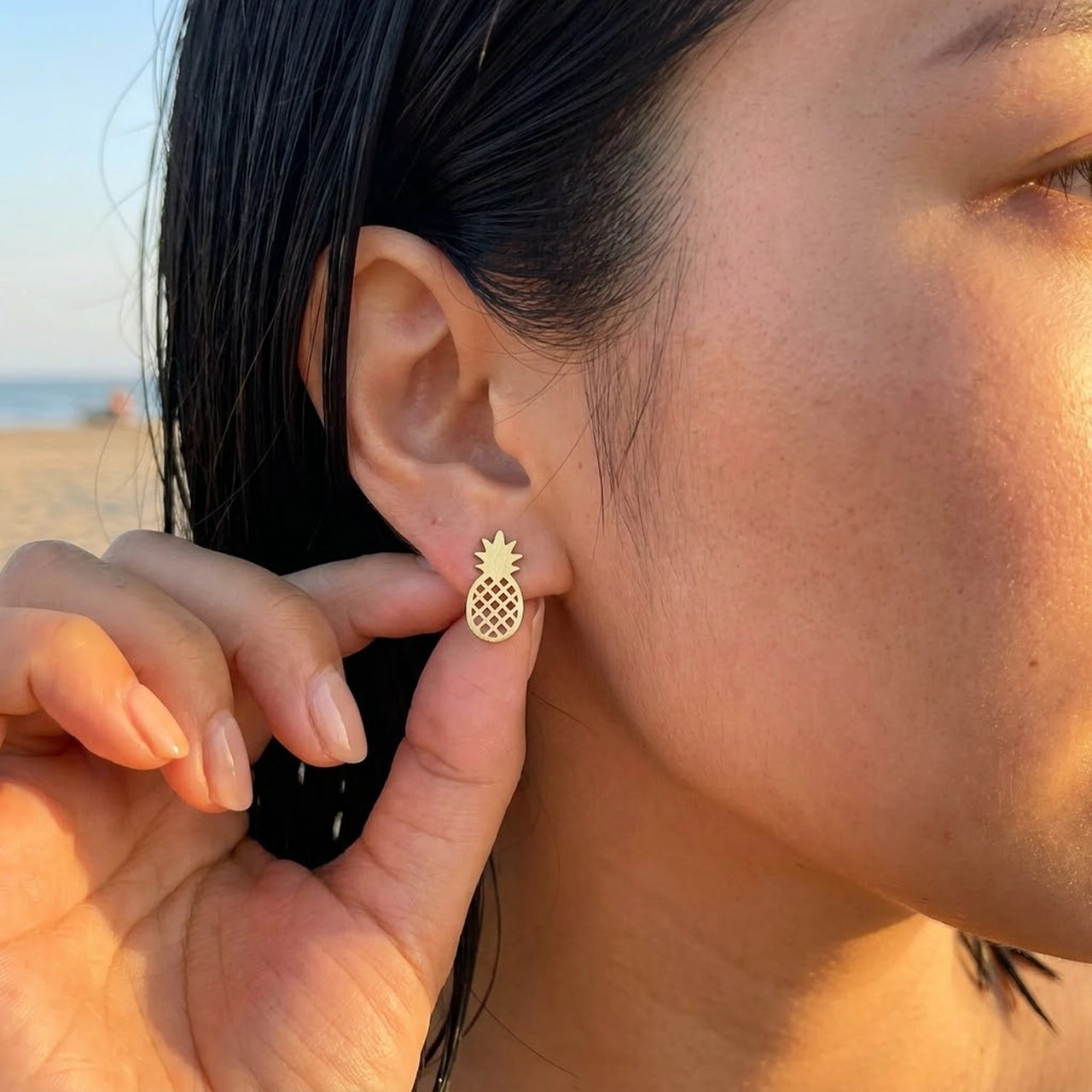 Pineapple earrings — worn, real size, gold | SKU: 437186-gold-color
