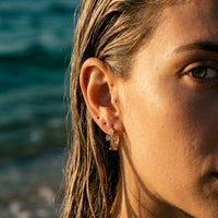 Thumbnail for Pave Cross Huggie Hoops in Gold, close-up on the earlobe | SKU: 41006-gold