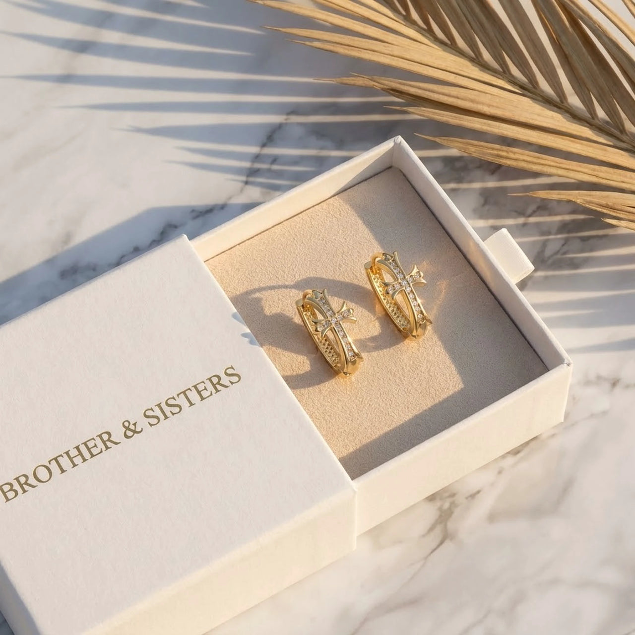 Pave Cross Huggie Hoops in Gold, in the gift box | SKU: 41006-gold