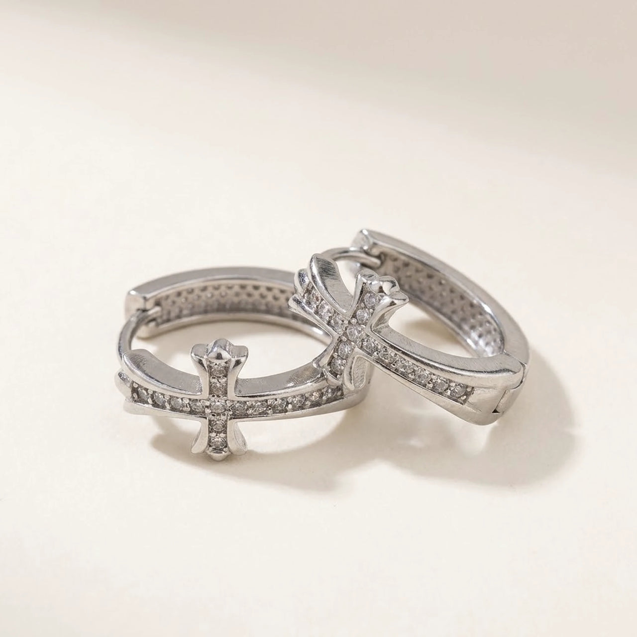 Pave Cross Huggie Hoops in Silver, product photo | SKU: 41006-silver