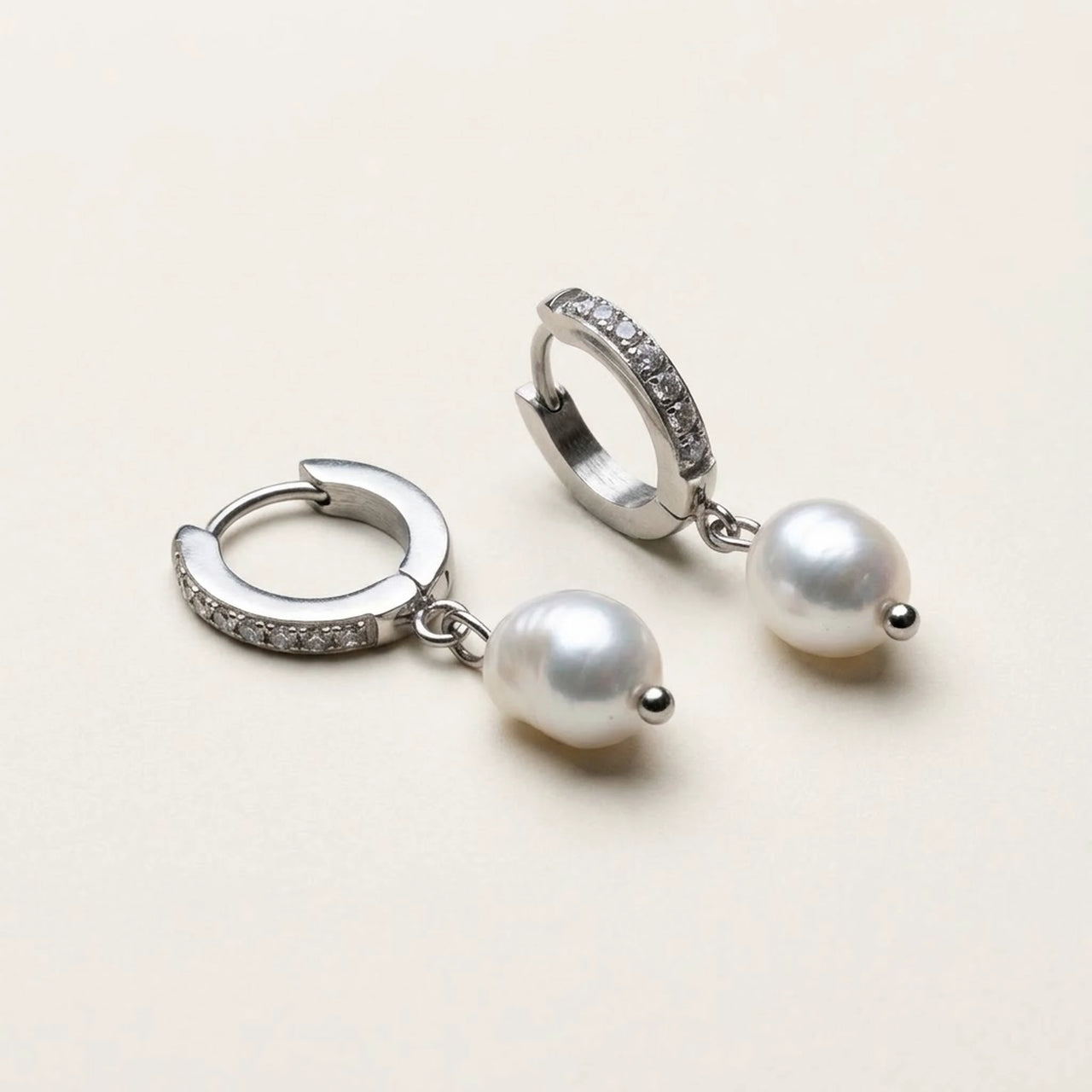 Pearl Drop Huggie Hoops in Silver, product photo | SKU: 41003-silver