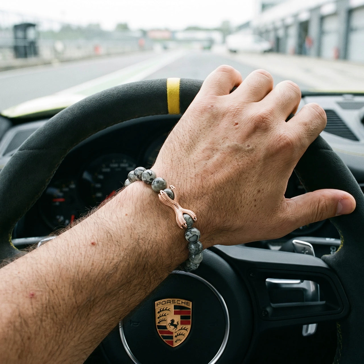 Rose Gold Viking & Grey Stones – hand on a Porsche GT3 steering wheel | Brother & Sisters | SKU: 21039839-rose-gold-XS-14-15, 21039839-rose-gold-S-16-17, 21039839-rose-gold-M-18-19, 21039839-rose-gold-L-20-21, 21039839-rose-gold-XL-22-23