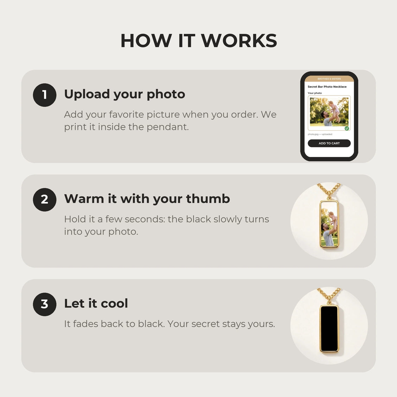 How it works: upload your photo, warm the pendant with your thumb, let it cool back to black | SKU: TPH-BARN-GOLD