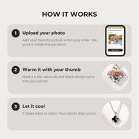Thumbnail for How it works: upload your photo, warm the clover pendant with your thumb, let it cool back to black | SKU: TPH-CLVN-SILVER