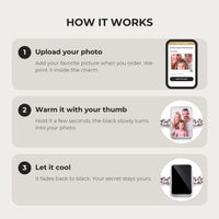 Thumbnail for How it works: upload your photo, warm the cushion-cut charm with your thumb, let it cool back to black | SKU: TPH-CUSB-SILVER