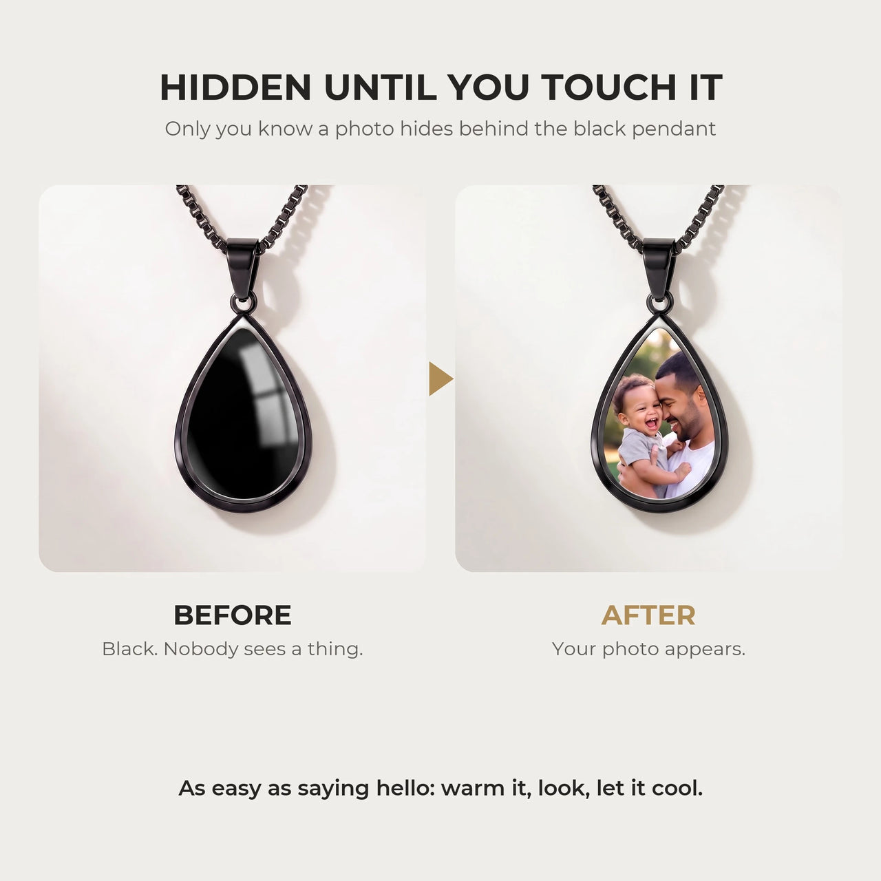 Before and after: the teardrop pendant of the black necklace turns from black to the hidden photo with the warmth of a touch | SKU: TPH-DRPN-BLACK