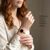 Thumbnail for Woman wearing the silver bracelet with its black octagon charm, only she knows the photo inside | SKU: TPH-OCTB-SILVER-18