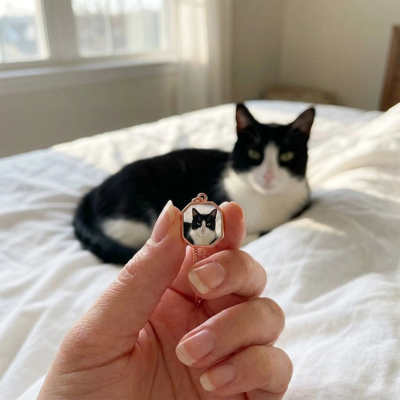 Customer photo: the rose gold octagon necklace with her cat's photo, her cat in the background | SKU: TPH-OCTN-ROSEGOLD