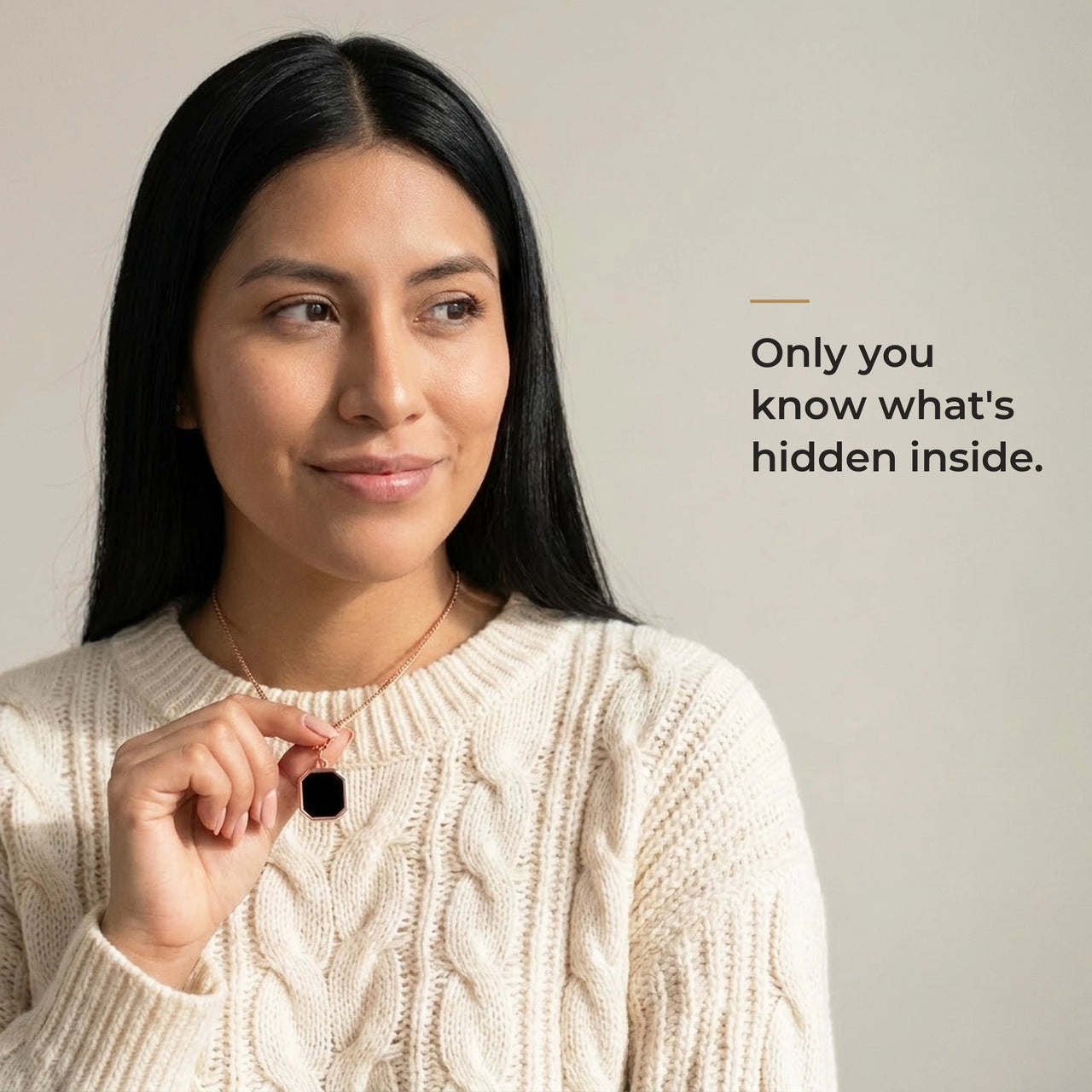 Woman wearing the black rose gold octagon pendant, only she knows the photo inside | SKU: TPH-OCTN-ROSEGOLD