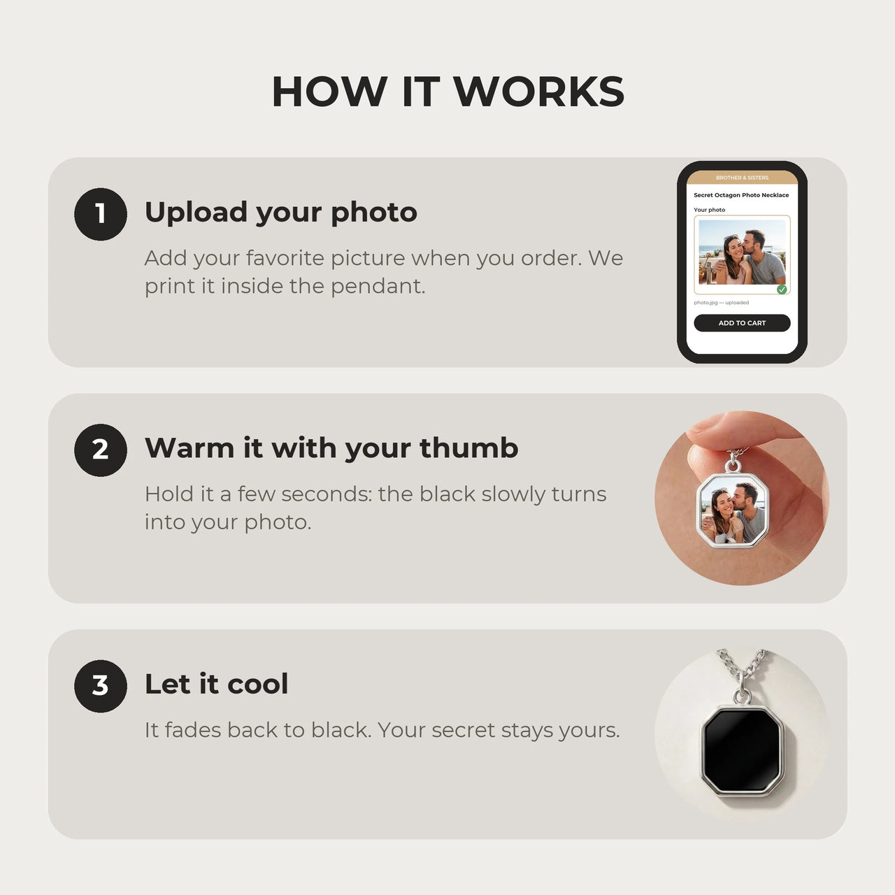 How it works: upload your photo, warm the pendant with your thumb, let it cool back to black | SKU: TPH-OCTN-SILVER