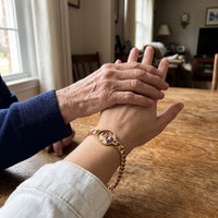 Thumbnail for Grandmother's hand on her granddaughter's, the gold round photo bracelet with their wedding photo | SKU: TPH-RNDB-GOLD
