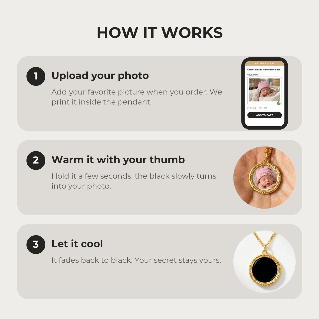 How it works: upload your photo, warm the pendant with your thumb, let it cool back to black | SKU: TPH-RNDN-GOLD