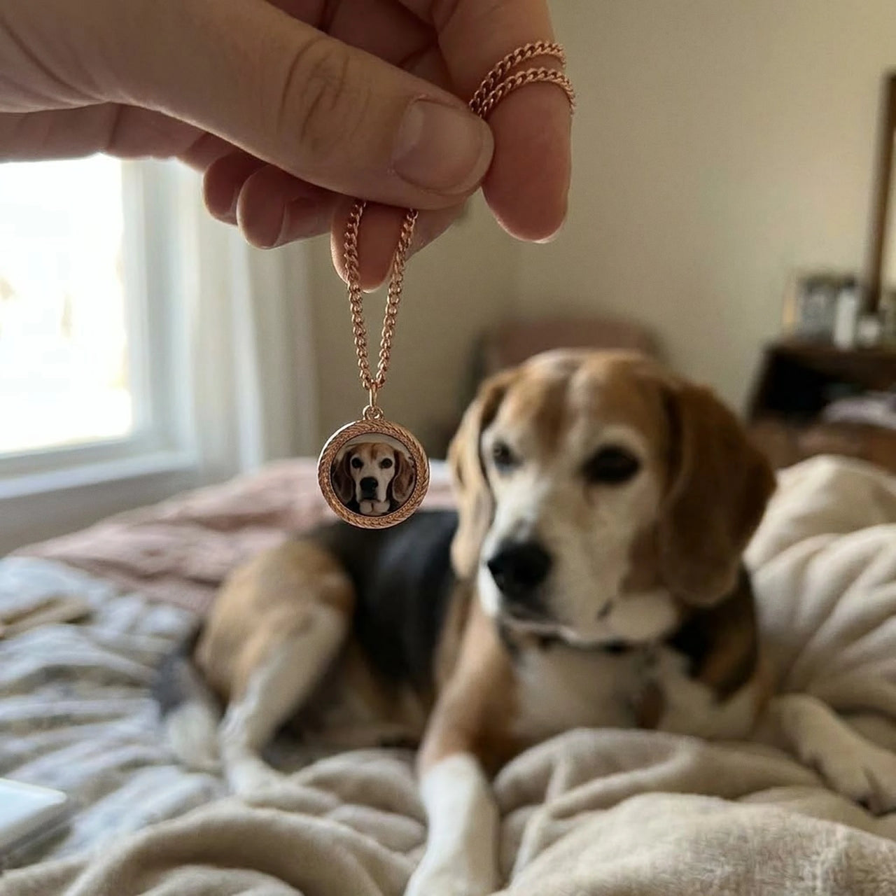 Customer photo: the rose gold round necklace with her beagle's photo, her dog in the background | SKU: TPH-RNDN-ROSEGOLD