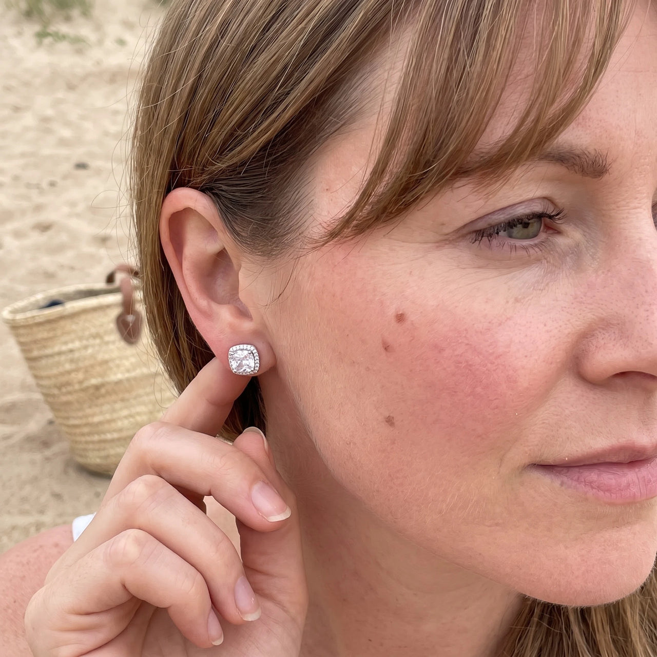 Cubic zirconia stud earrings — worn, real size, silver | SKU: 505185-white