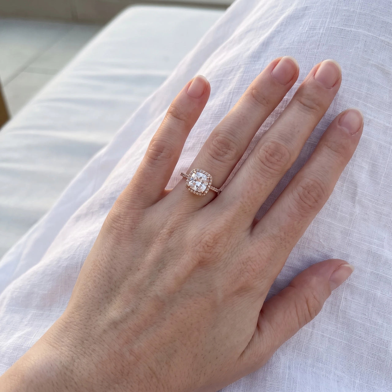 Cushion cut ring — worn, real size, rose gold | SKU: 497131-4.5-rose-gold