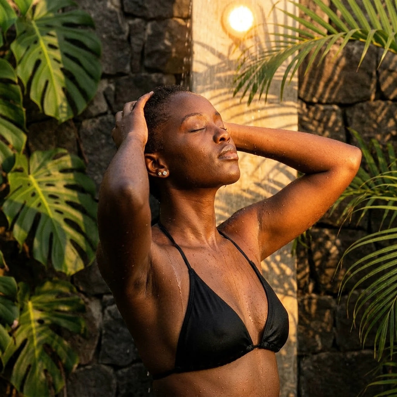 Solitaire Crystal Studs in Gold, worn in a tropical outdoor shower | SKU: 41010-gold