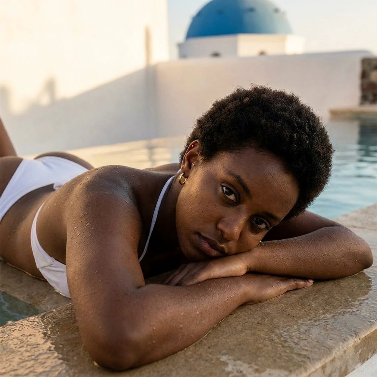 Tiny Huggie Hoops in Gold, worn by a pool in Santorini | SKU: 41002-gold