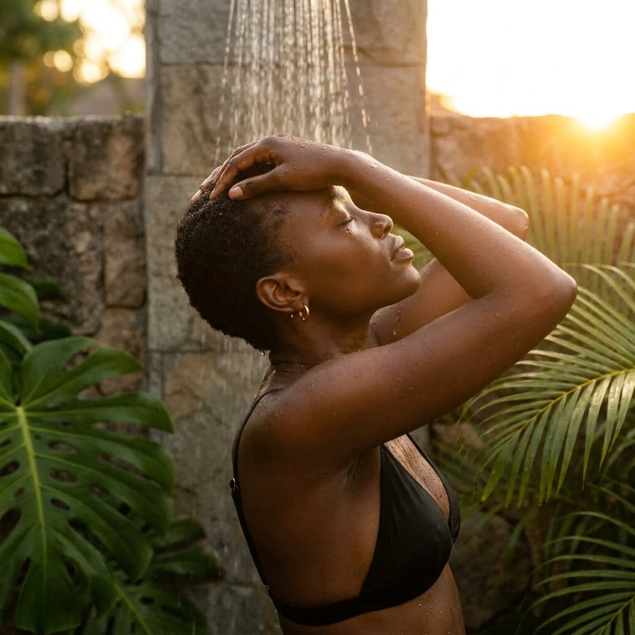 Tiny Huggie Hoops in Gold, worn in a tropical outdoor shower | SKU: 41002-gold