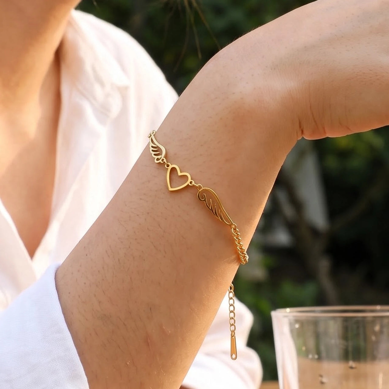 The gold bracelet worn, close-up | SKU: 42007-gold